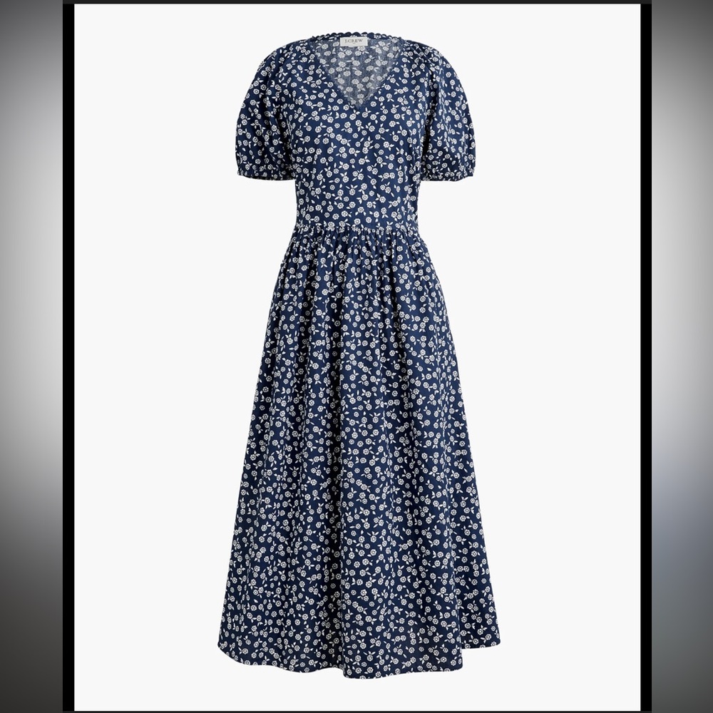 J. Crew Navy Midi Floral Dress Scallop Neckline